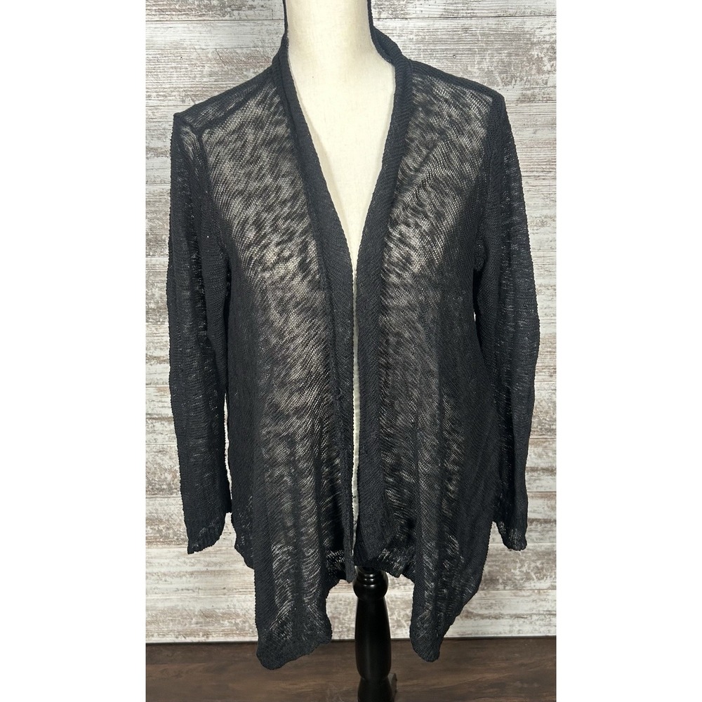 Eileen‎ Fisher Sweater Womens Large Black Sheer Linen Open Cardigan Lightweight
